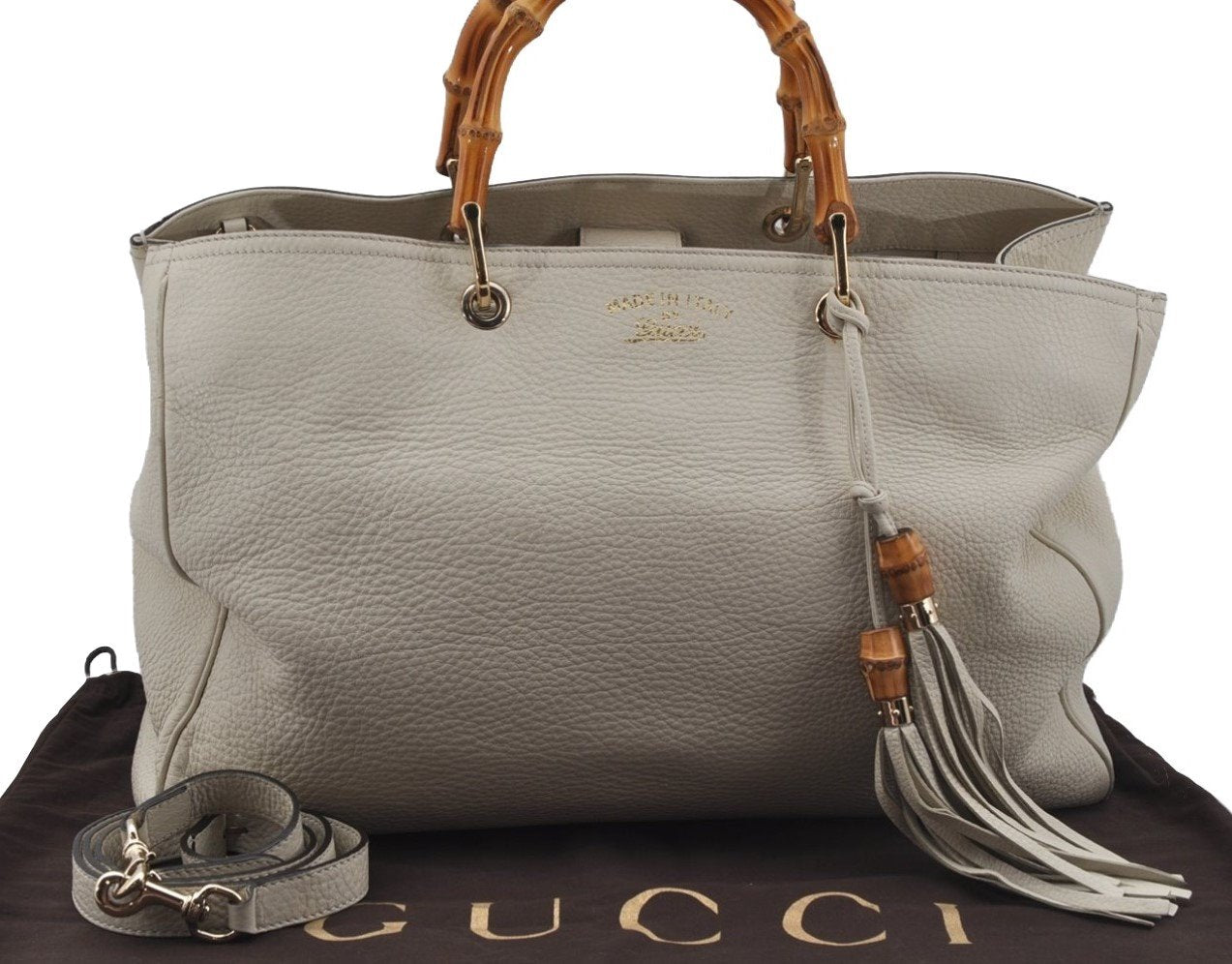 Authentic GUCCI Bamboo Shopper Large 2Way Hand Bag Leather 323658 White 3592J