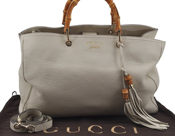 Authentic GUCCI Bamboo Shopper Large 2Way Hand Bag Leather 323658 White 3592J