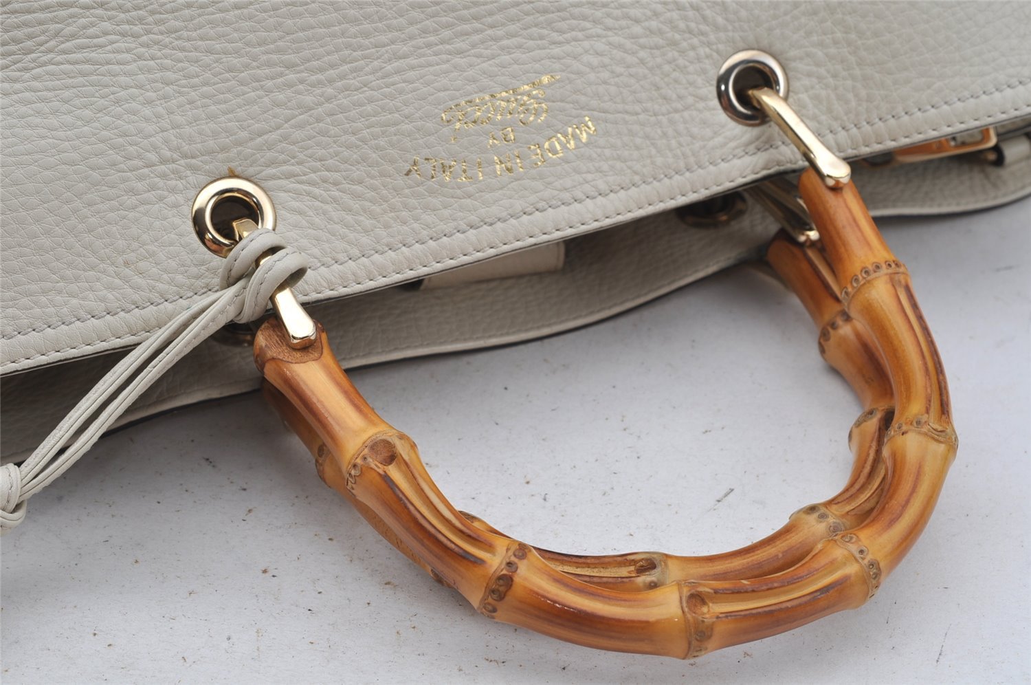 Authentic GUCCI Bamboo Shopper Large 2Way Hand Bag Leather 323658 White 3592J