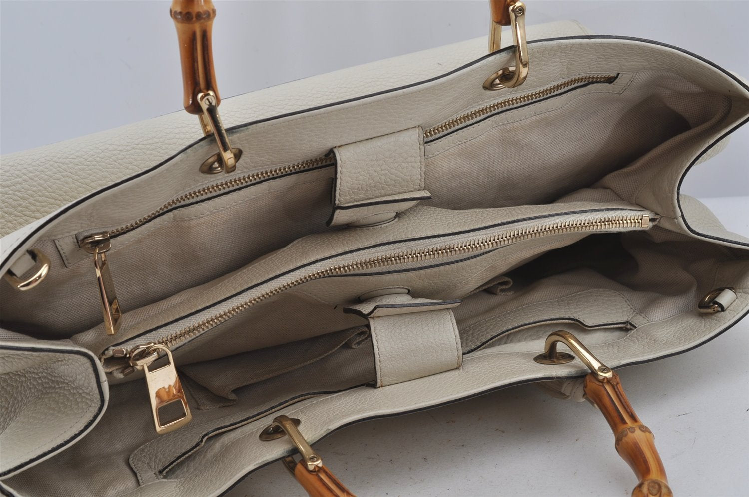 Authentic GUCCI Bamboo Shopper Large 2Way Hand Bag Leather 323658 White 3592J
