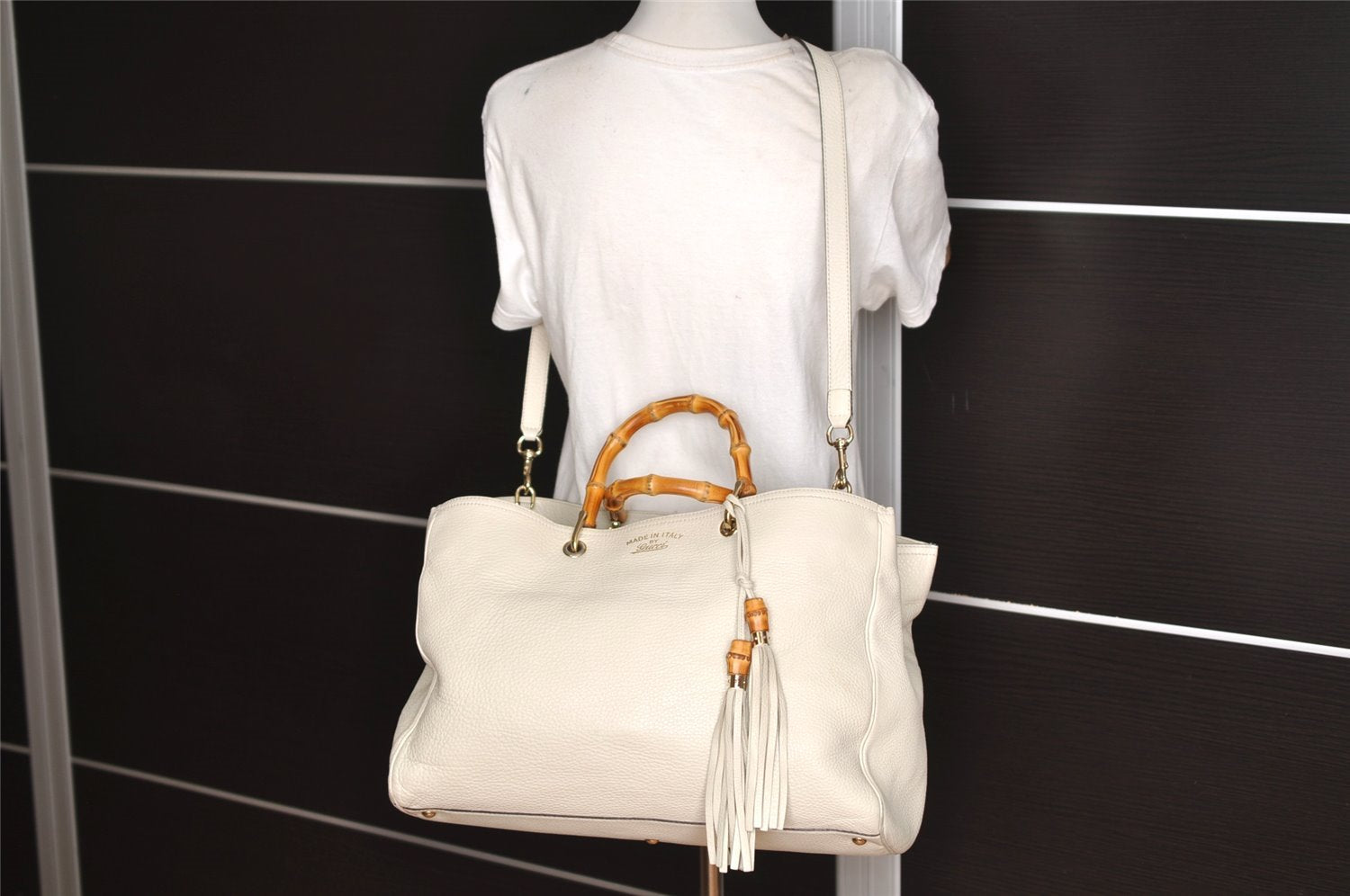 Authentic GUCCI Bamboo Shopper Large 2Way Hand Bag Leather 323658 White 3592J