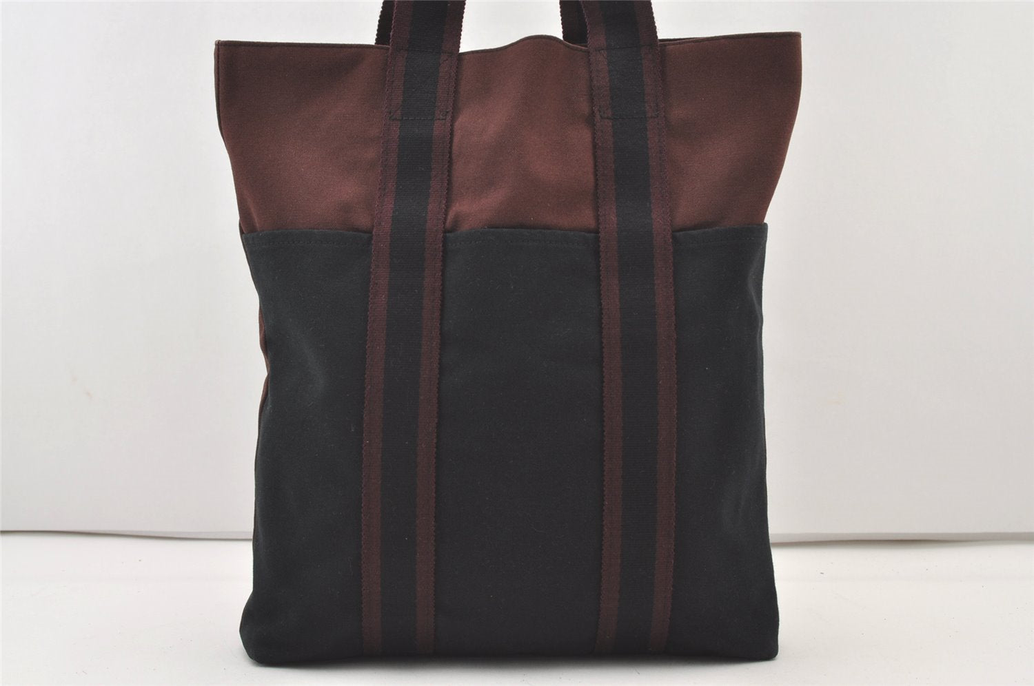 Authentic HERMES Fourre Tout Cabas Hand Tote Bag Canvas Bordeaux Black 3595J