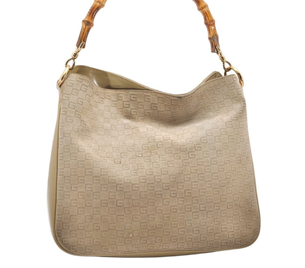 Authentic GUCCI Bamboo Square GG Shoulder Bag Suede Leather 96059 Beige 3596K