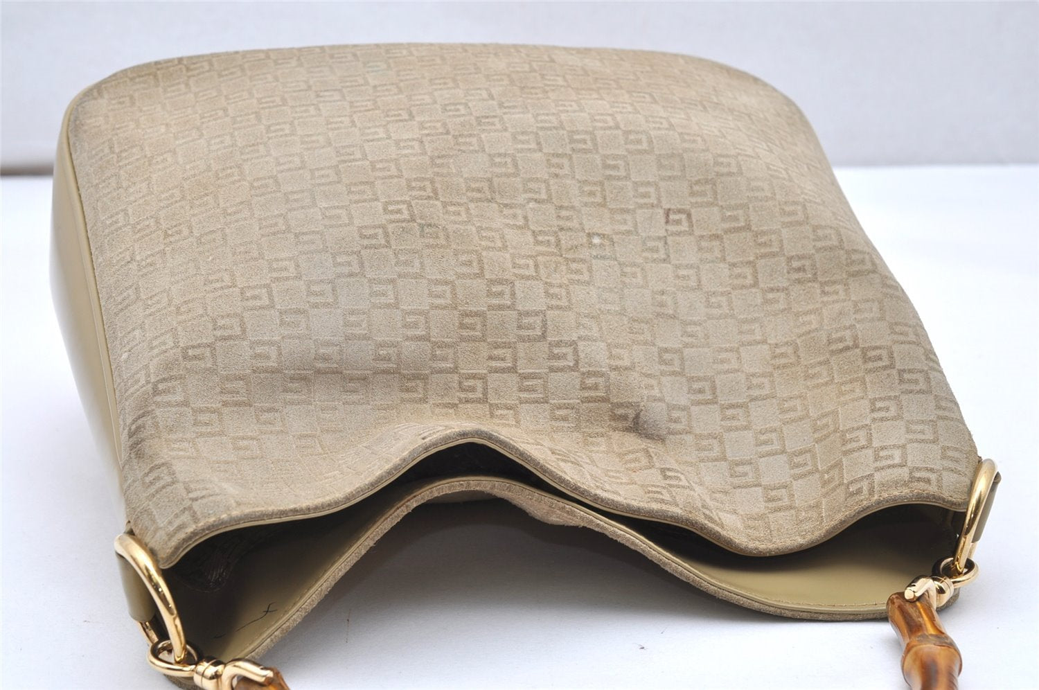Authentic GUCCI Bamboo Square GG Shoulder Bag Suede Leather 96059 Beige 3596K