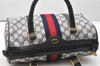 Authentic GUCCI Sherry Line Hand Boston Bag GG PVC Leather Navy Blue Junk 3597K