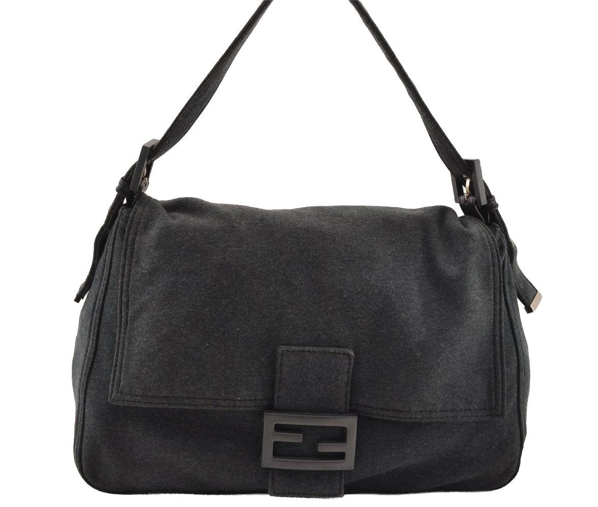 Authentic FENDI Mamma Baguette Shoulder Hand Bag Cotton Leather Gray 3603I