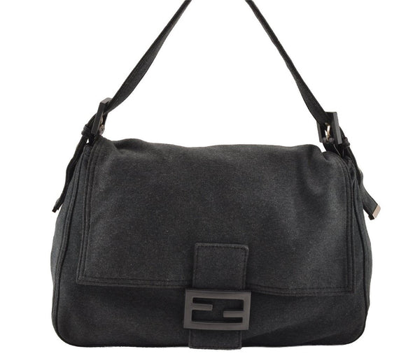 Authentic FENDI Mamma Baguette Shoulder Hand Bag Cotton Leather Gray 3603I