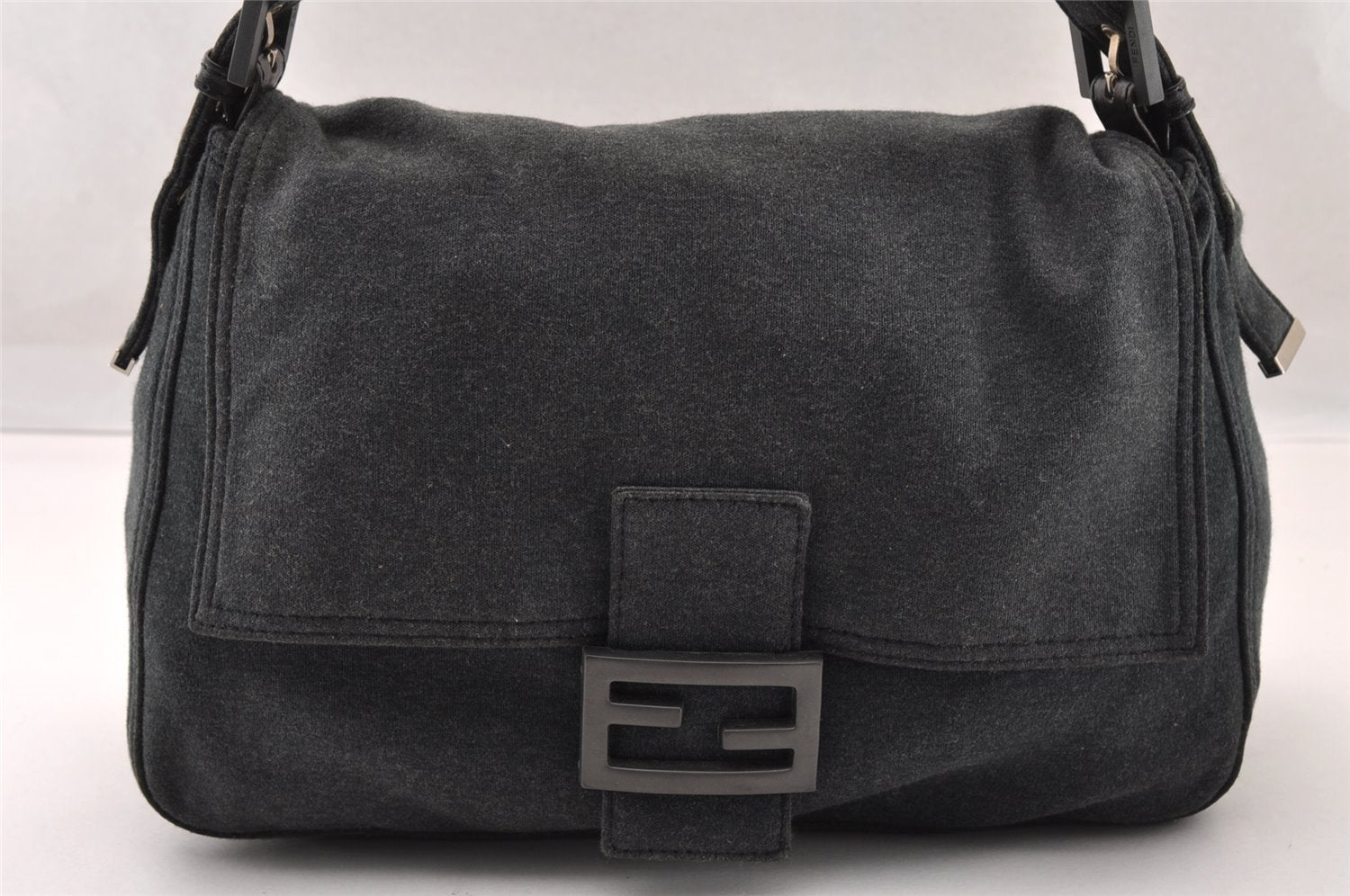 Authentic FENDI Mamma Baguette Shoulder Hand Bag Cotton Leather Gray 3603I