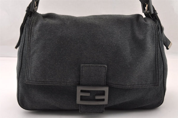 Authentic FENDI Mamma Baguette Shoulder Hand Bag Cotton Leather Gray 3603I