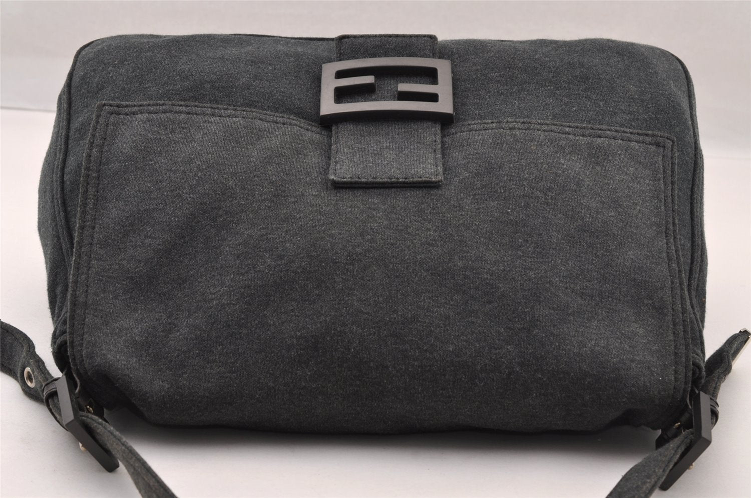 Authentic FENDI Mamma Baguette Shoulder Hand Bag Cotton Leather Gray 3603I