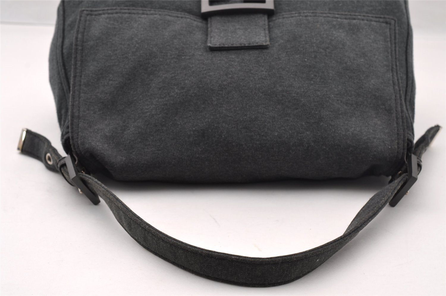 Authentic FENDI Mamma Baguette Shoulder Hand Bag Cotton Leather Gray 3603I