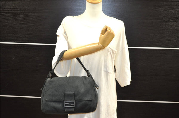 Authentic FENDI Mamma Baguette Shoulder Hand Bag Cotton Leather Gray 3603I