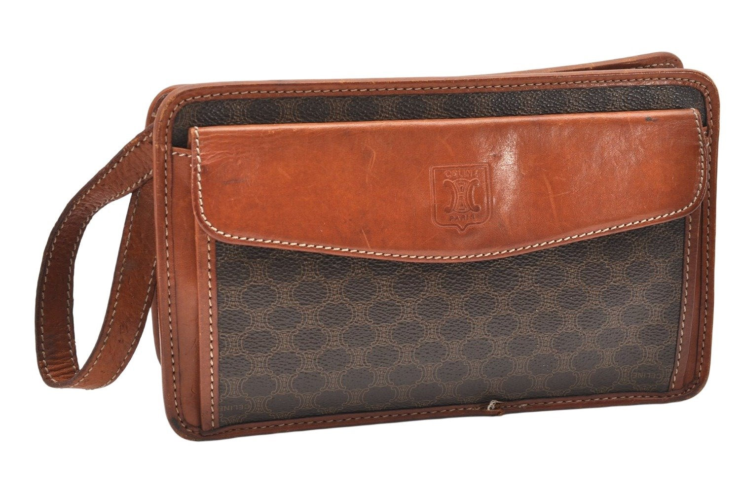 Authentic CELINE Macadam Blason Pattern Clutch Hand Bag PVC Leather Brown 3607K
