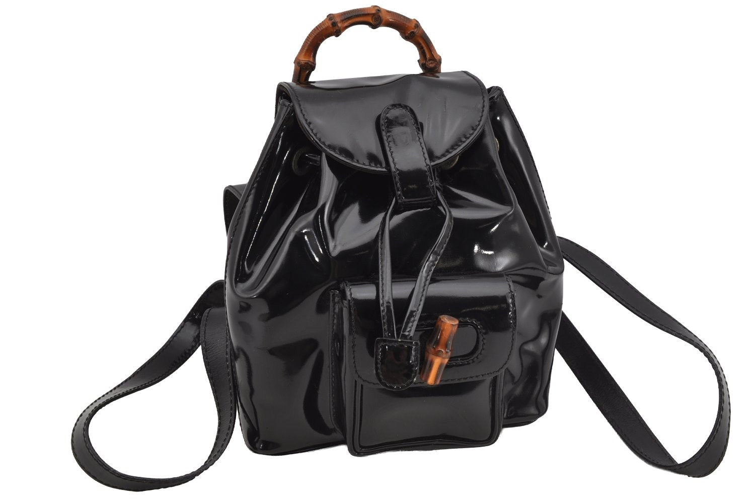 Authentic GUCCI Vintage Bamboo Backpack Purse Enamel Black 3613J