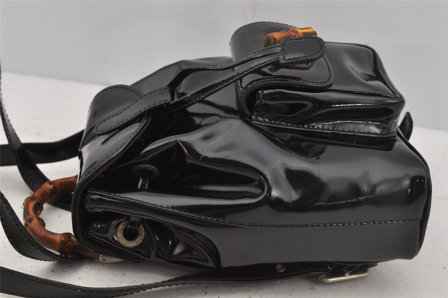 Authentic GUCCI Vintage Bamboo Backpack Purse Enamel Black 3613J