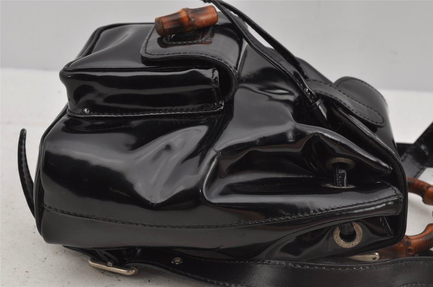 Authentic GUCCI Vintage Bamboo Backpack Purse Enamel Black 3613J