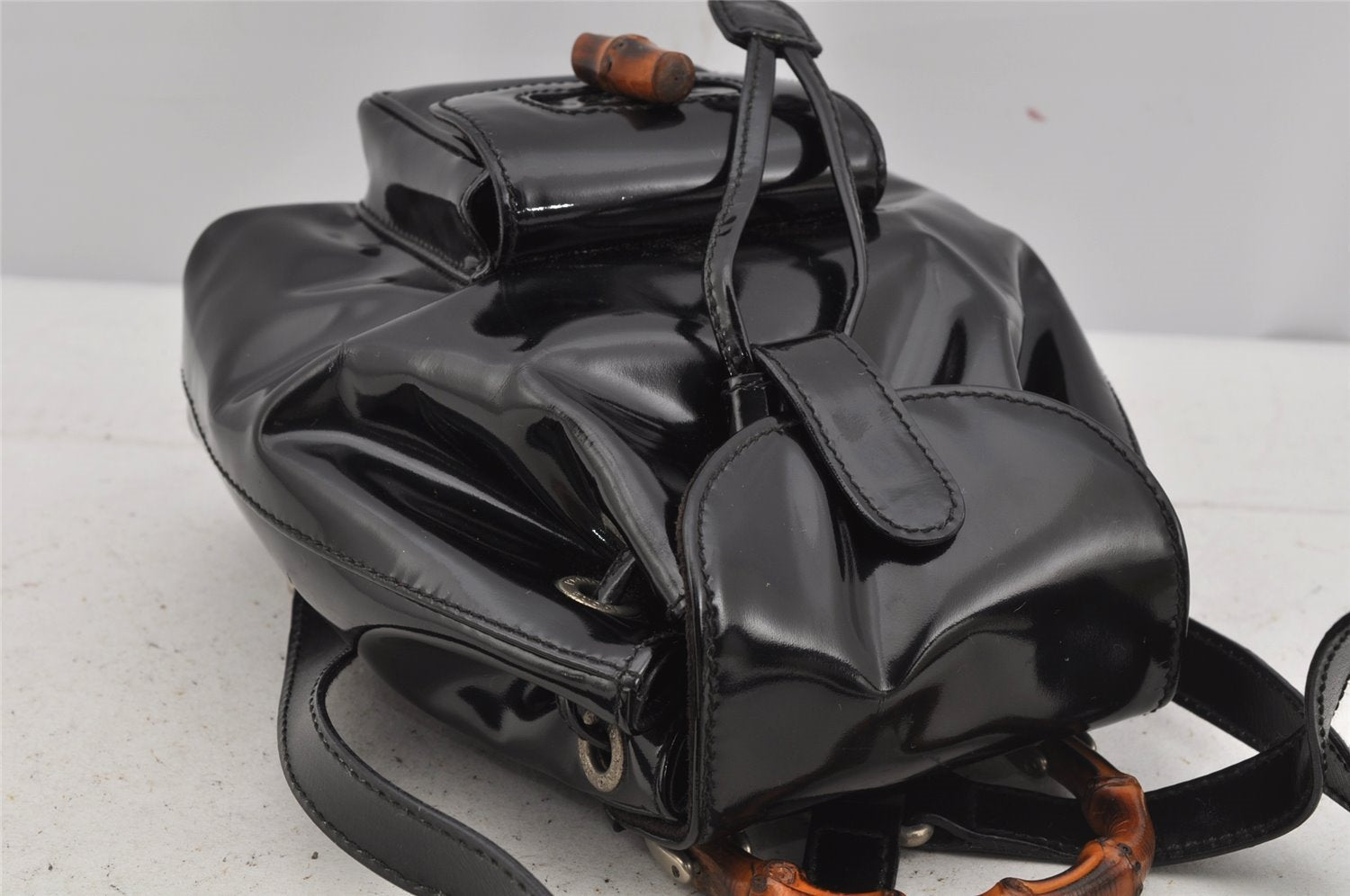 Authentic GUCCI Vintage Bamboo Backpack Purse Enamel Black 3613J