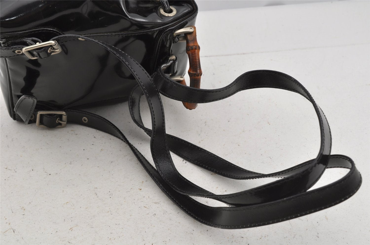 Authentic GUCCI Vintage Bamboo Backpack Purse Enamel Black 3613J