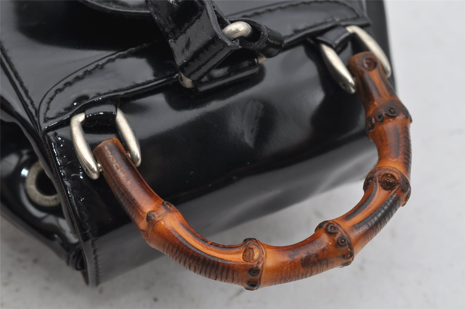 Authentic GUCCI Vintage Bamboo Backpack Purse Enamel Black 3613J