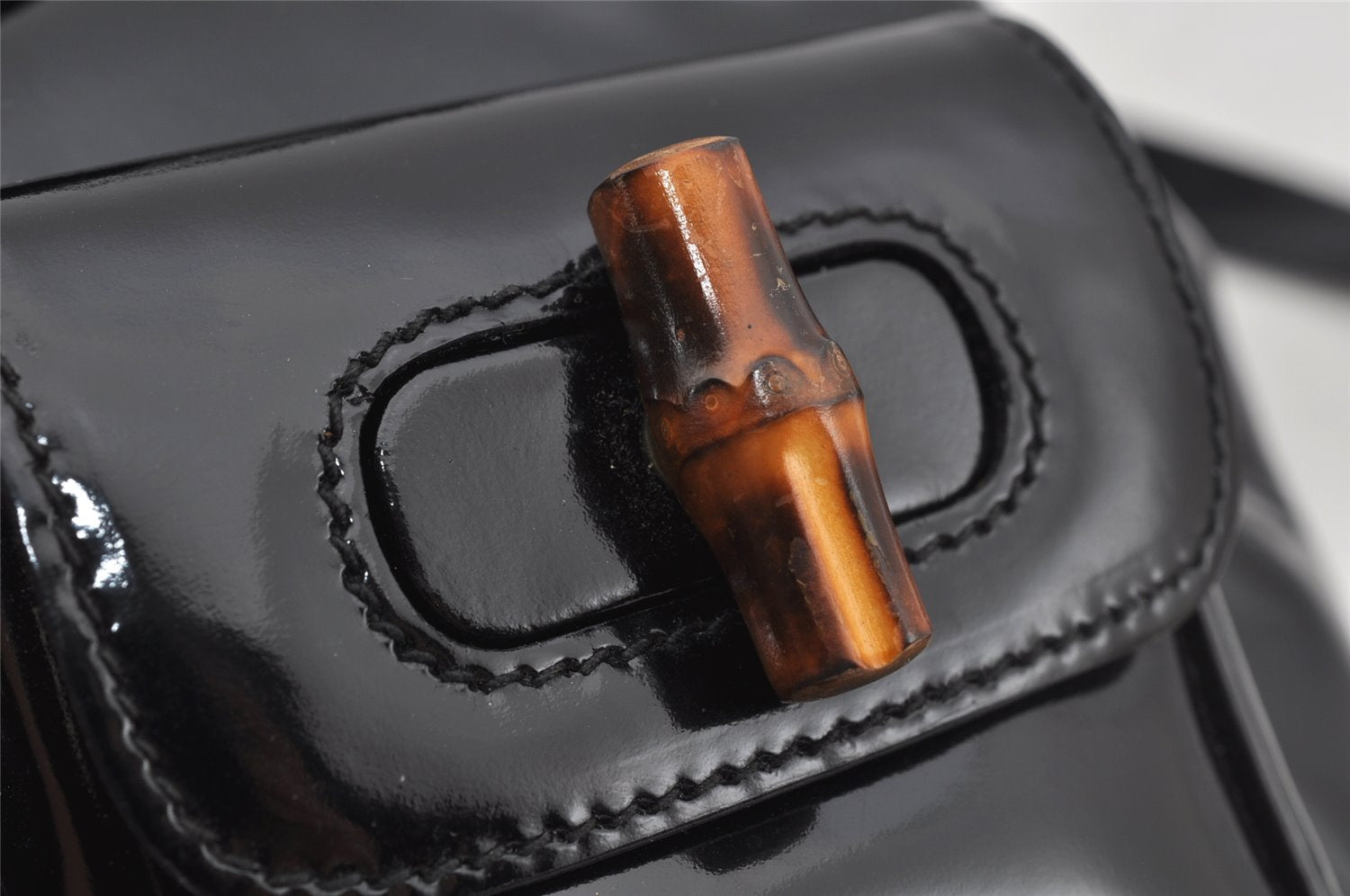 Authentic GUCCI Vintage Bamboo Backpack Purse Enamel Black 3613J