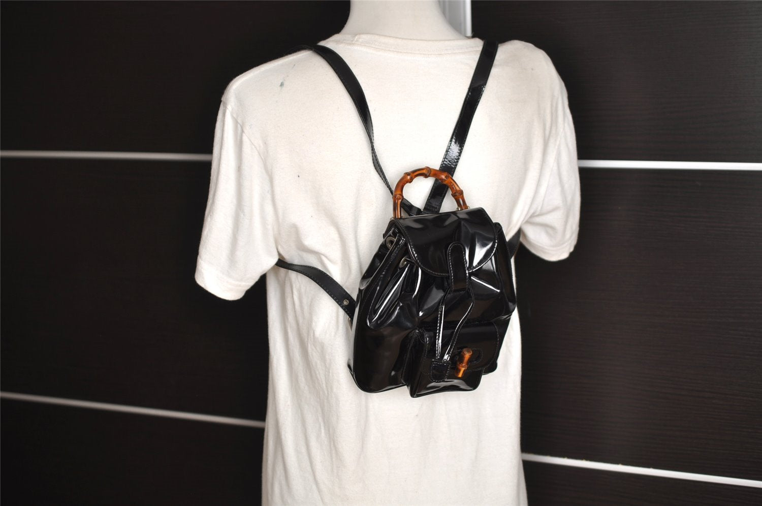 Authentic GUCCI Vintage Bamboo Backpack Purse Enamel Black 3613J