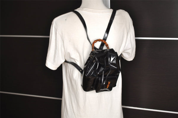Authentic GUCCI Vintage Bamboo Backpack Purse Enamel Black 3613J