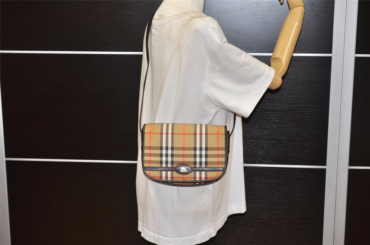Authentic Burberrys Nova Check Shoulder Bag Canvas Leather Beige Junk 3619K