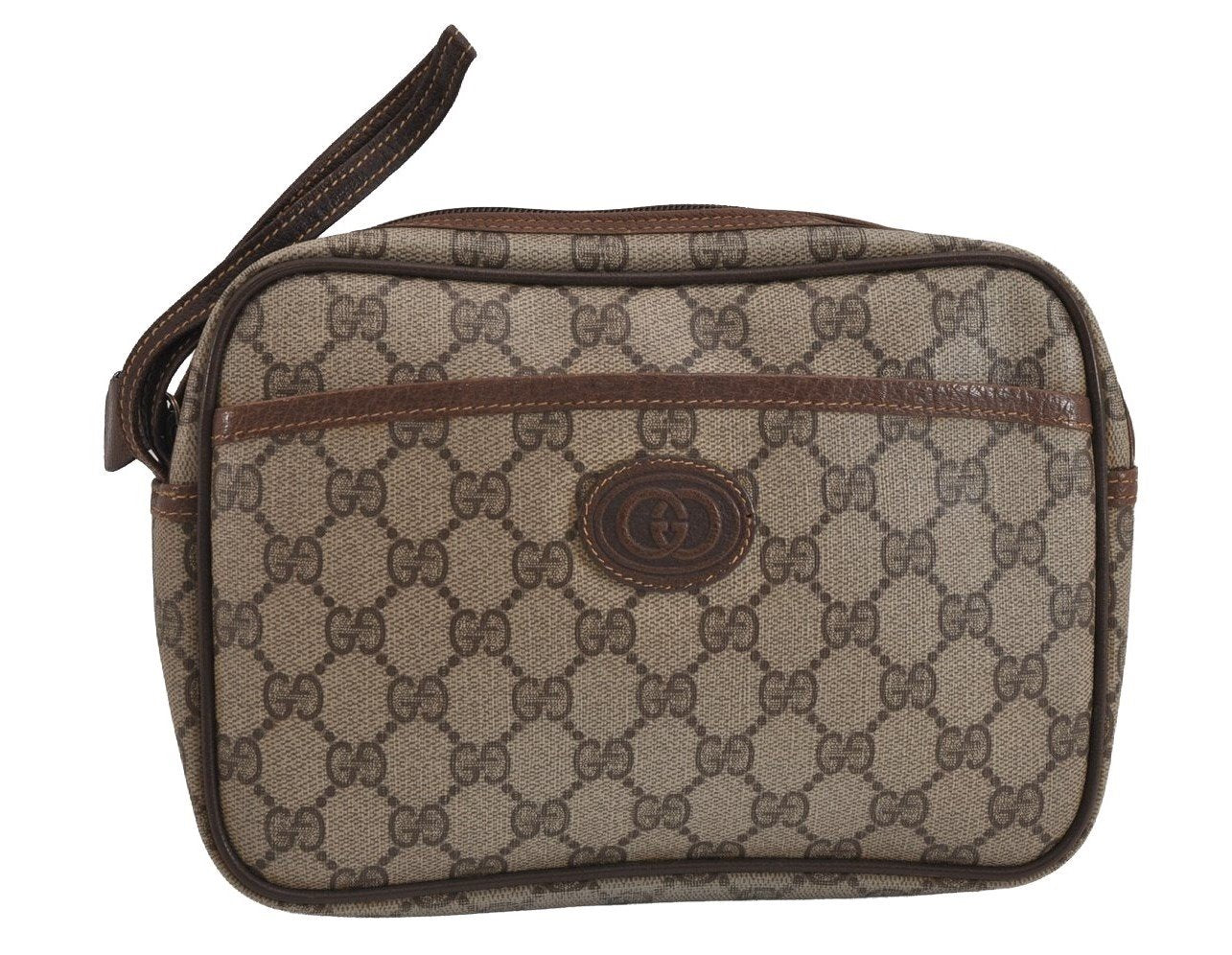 Authentic GUCCI Vintage Clutch Hand Bag Purse GG PVC Leather Brown 3620J