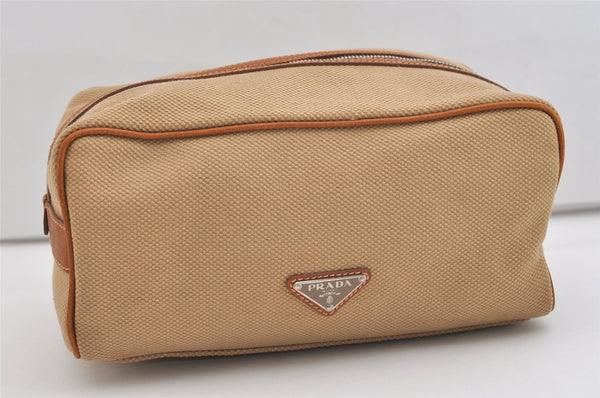 Authentic PRADA Vintage Canvas Leather Clutch Hand Bag Purse Beige 3625J