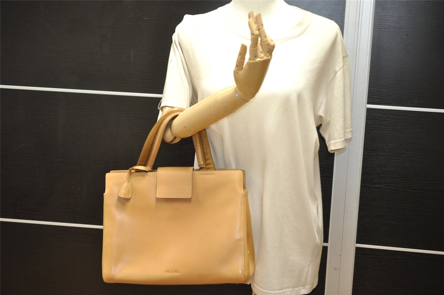 Authentic PRADA Vitello City Leather Nappa Shoulder Hand Bag B8197 Beige 3625K