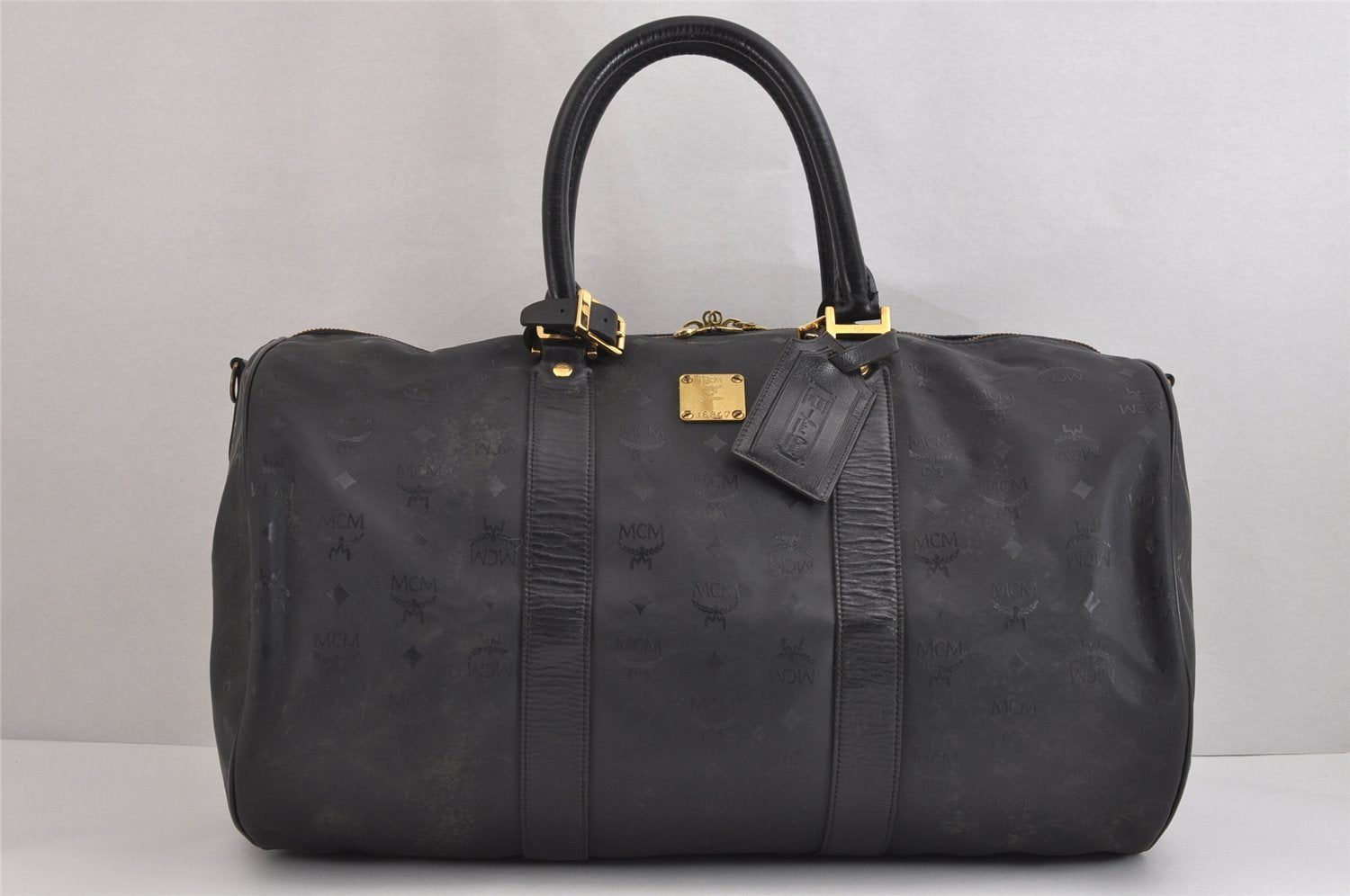 Authentic MCM Vintage PVC Leather 2Way Travel Boston Bag Black 3626J