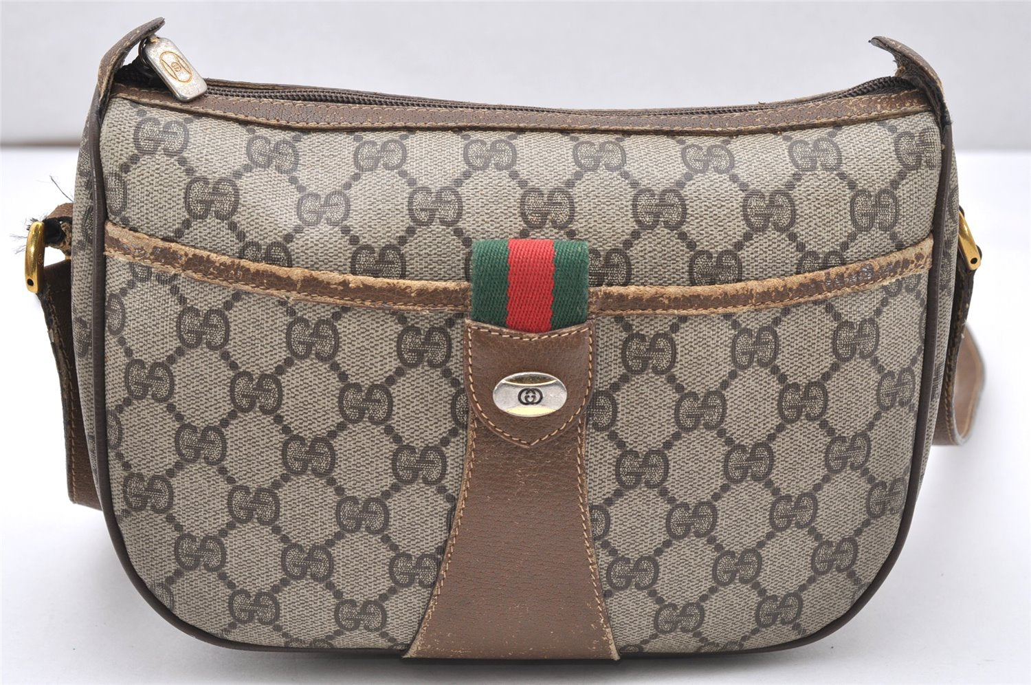 Authentic GUCCI Web Sherry Line Shoulder Bag GG PVC Leather Brown Junk 3626K