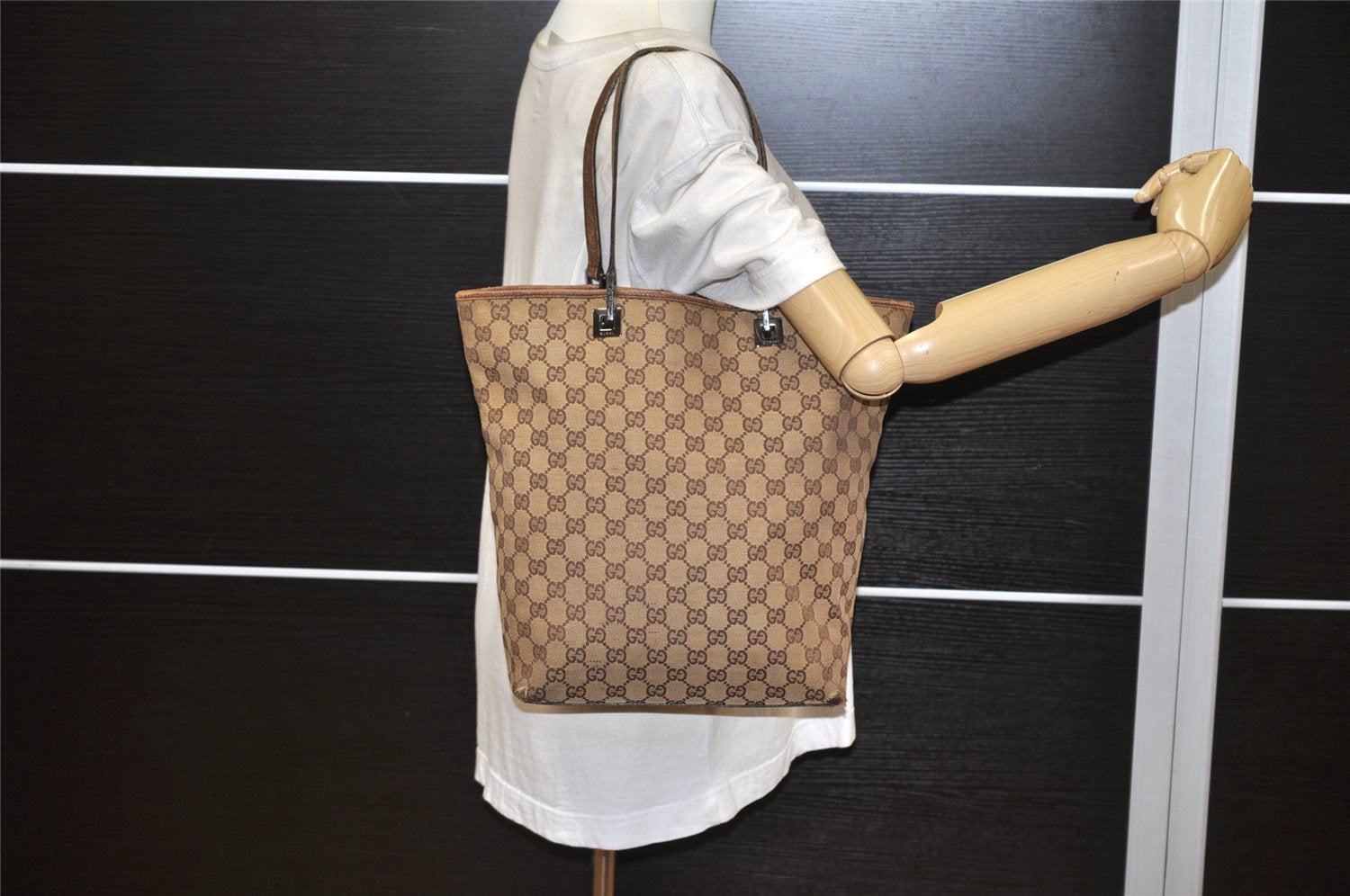 Authentic GUCCI Vintage Shoulder Tote Bag GG Canvas Leather 31243 Brown 3627K