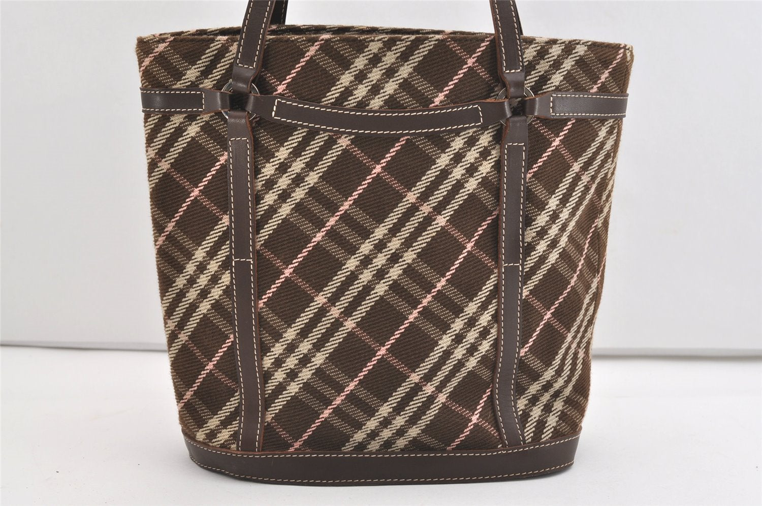 Authentic BURBERRY BLUE LABEL Check Shoulder Tote Bag Canvas Leather Brown 3628J