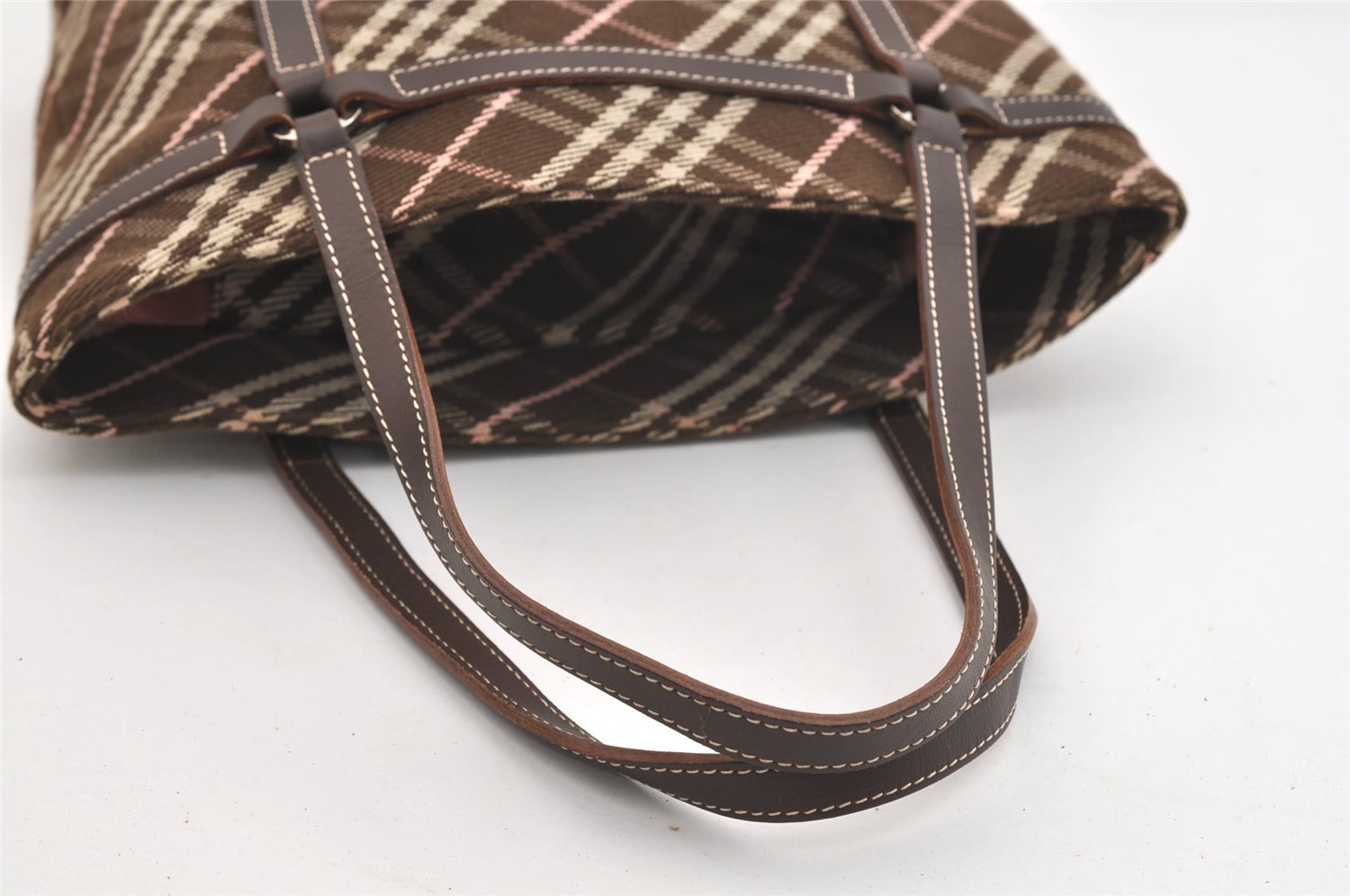 Authentic BURBERRY BLUE LABEL Check Shoulder Tote Bag Canvas Leather Brown 3628J