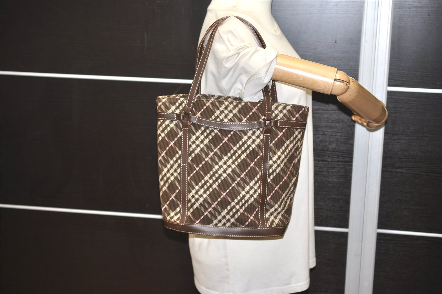 Authentic BURBERRY BLUE LABEL Check Shoulder Tote Bag Canvas Leather Brown 3628J