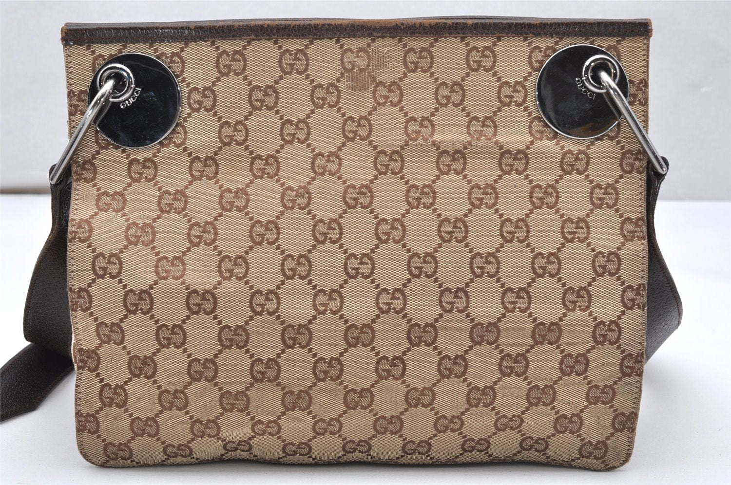 Authentic GUCCI Eclipse Shoulder Cross Bag GG Canvas Leather 120841 Brown 3628K