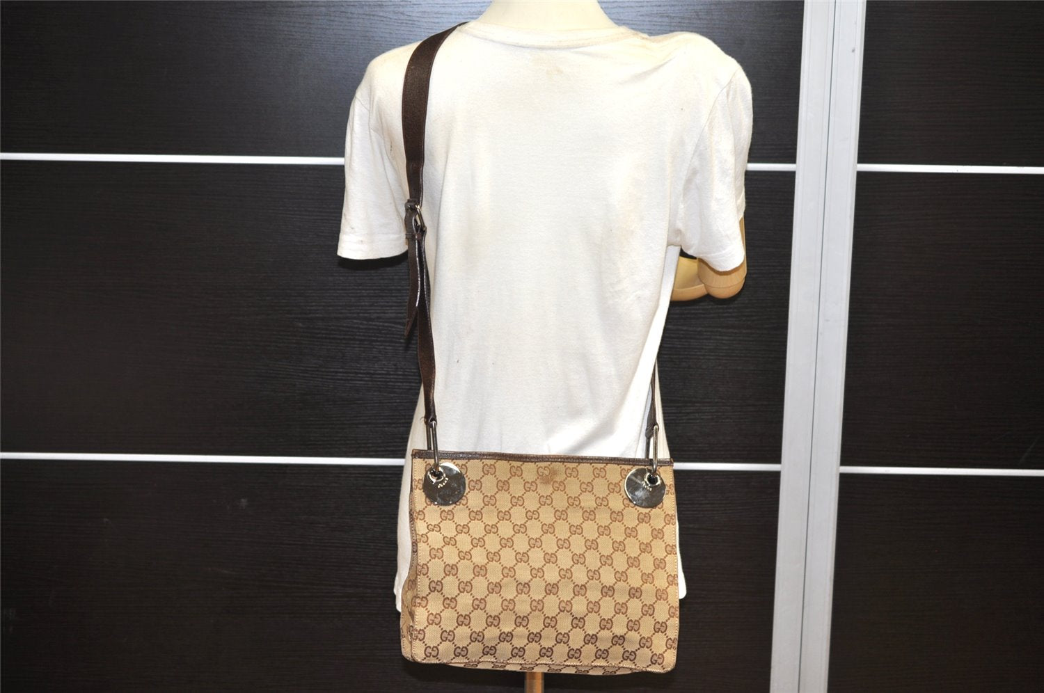 Authentic GUCCI Eclipse Shoulder Cross Bag GG Canvas Leather 120841 Brown 3628K