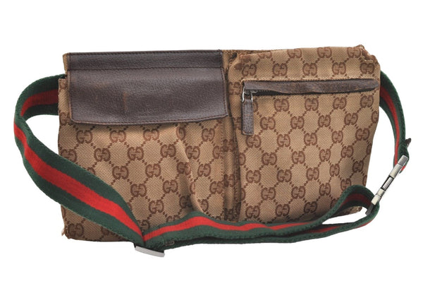 Authentic GUCCI Sherry Line Waist Body Bag GG Canvas Leather 28566 Brown 3629J