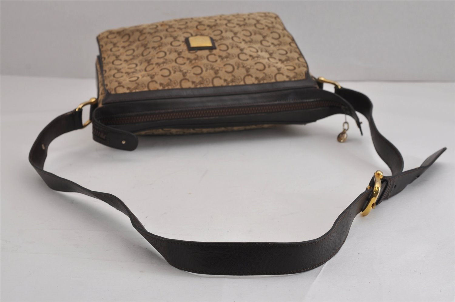 Authentic CELINE C Macadam Carriage Shoulder Bag Canvas Leather Brown 3630J