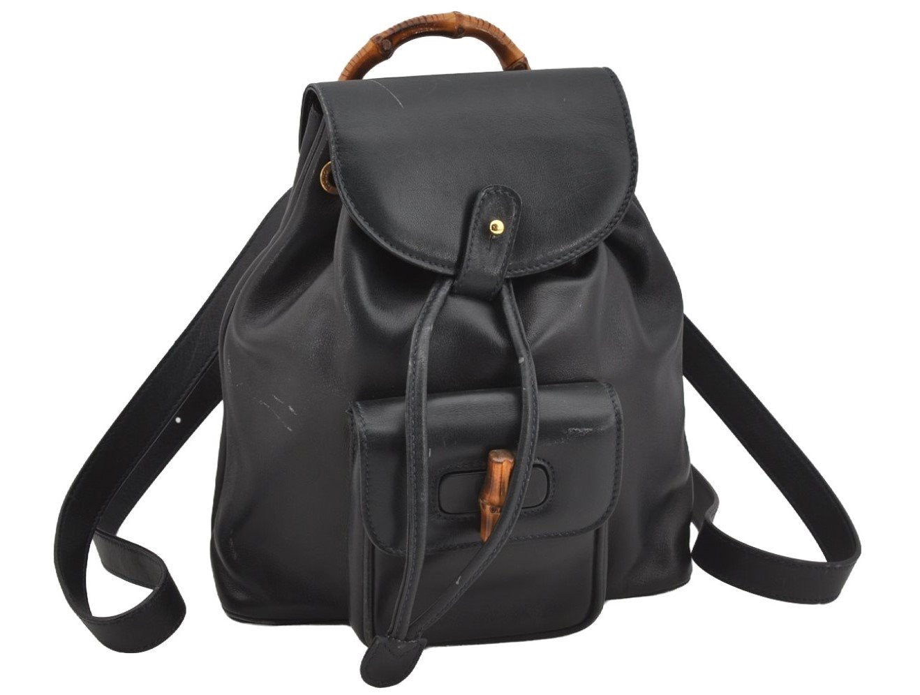 Authentic GUCCI Vintage Bamboo Drawstring Backpack Leather Navy 3631J