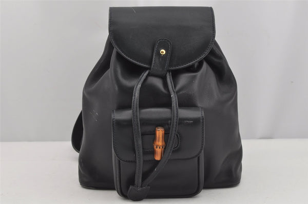 Authentic GUCCI Vintage Bamboo Drawstring Backpack Leather Navy 3631J