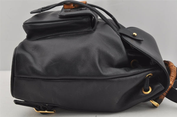 Authentic GUCCI Vintage Bamboo Drawstring Backpack Leather Navy 3631J