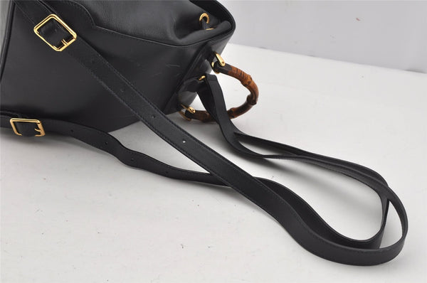 Authentic GUCCI Vintage Bamboo Drawstring Backpack Leather Navy 3631J