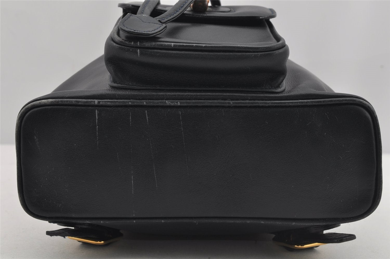 Authentic GUCCI Vintage Bamboo Drawstring Backpack Leather Navy 3631J