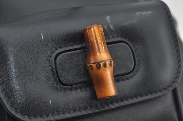 Authentic GUCCI Vintage Bamboo Drawstring Backpack Leather Navy 3631J