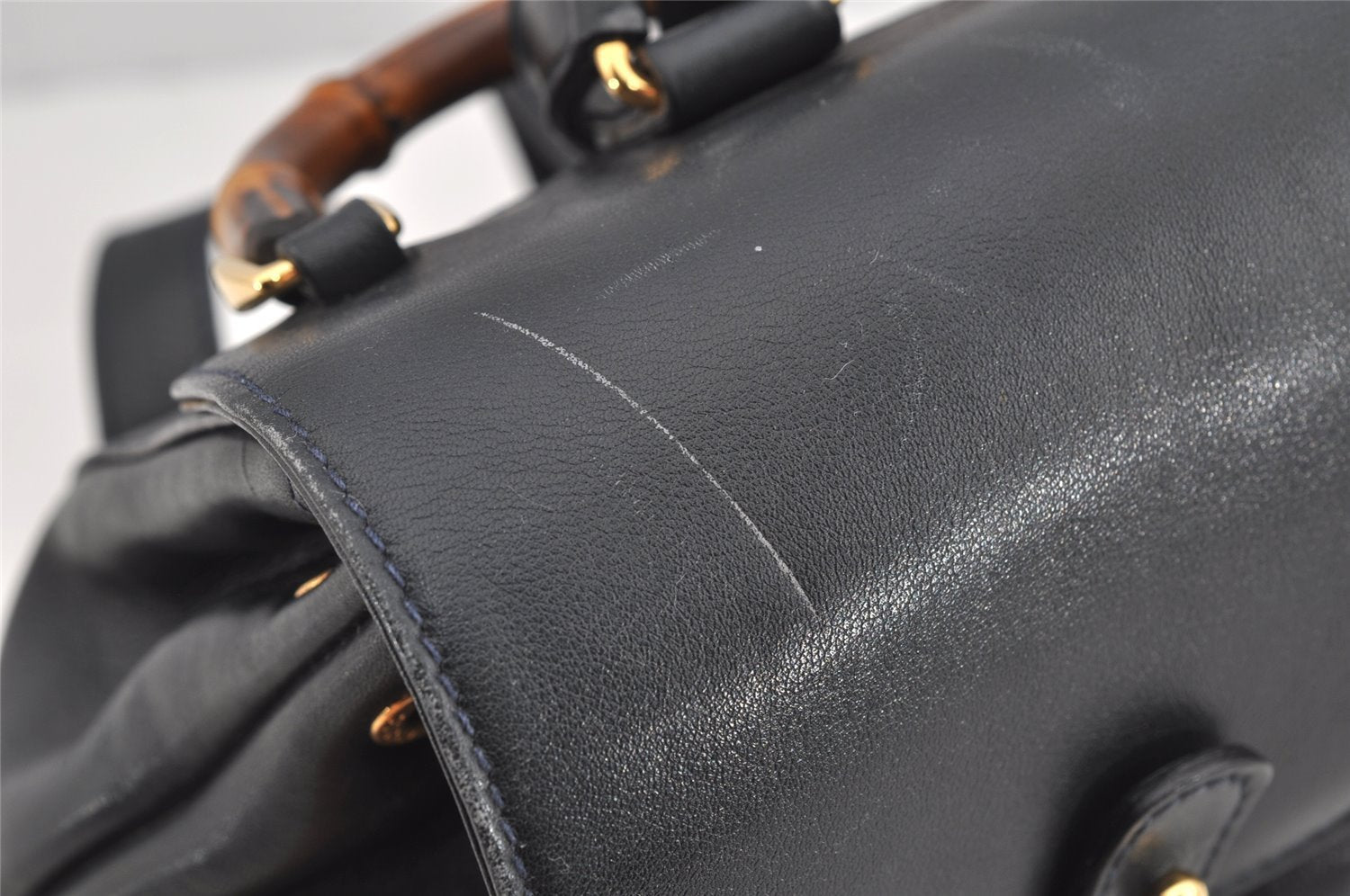 Authentic GUCCI Vintage Bamboo Drawstring Backpack Leather Navy 3631J