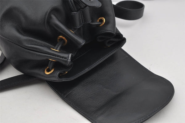 Authentic GUCCI Vintage Bamboo Drawstring Backpack Leather Navy 3631J