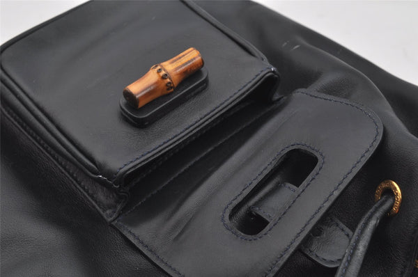 Authentic GUCCI Vintage Bamboo Drawstring Backpack Leather Navy 3631J