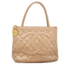 Authentic CHANEL Caviar Skin Medallion CC Logo Shoulder Tote Bag Beige 3631K